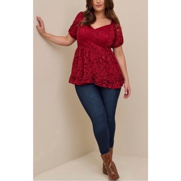 New Torrid Dark Red Lace Short Sleeve Babydoll Top Size 2X - Picture 2 of 12